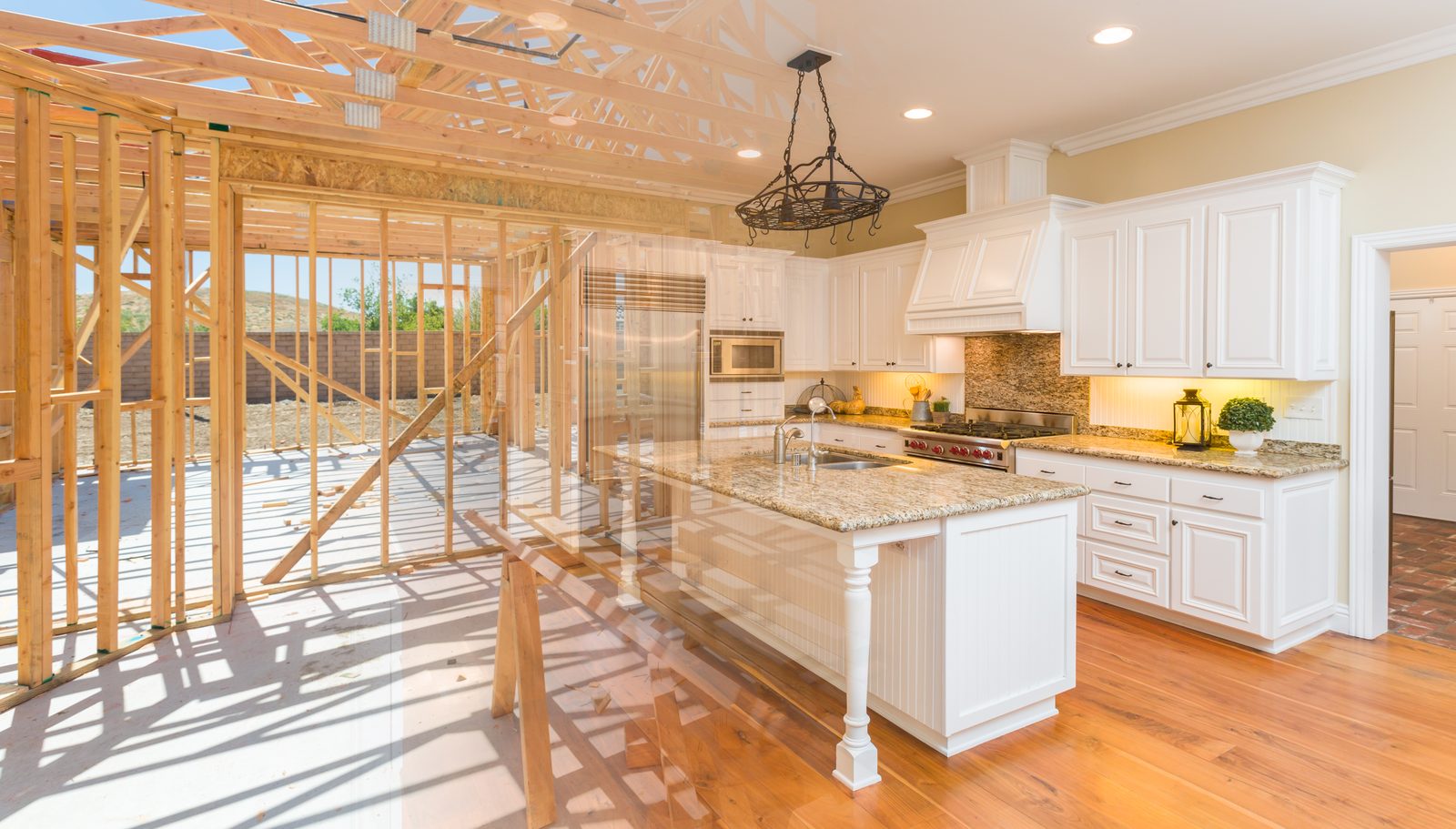 Split view of a kitchen from bare framing to beautifully completed — the journey Oakline engineers