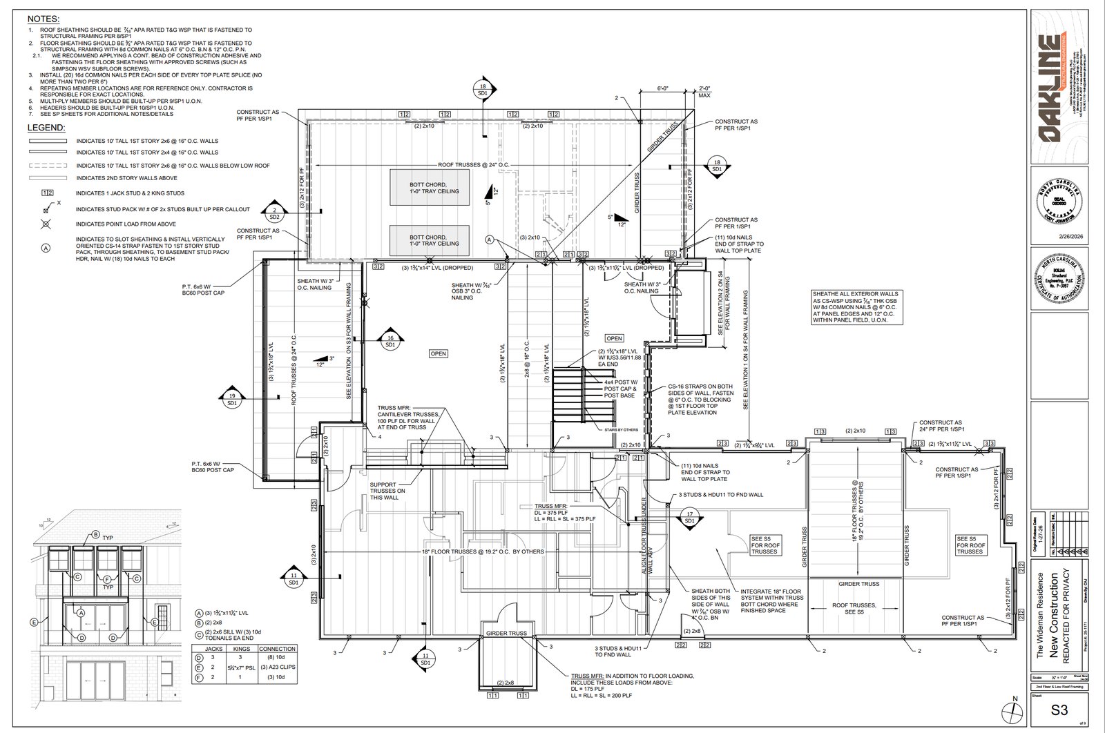 A sealed Oakline structural framing plan - second-floor and low-roof framing sheet with the engineer's seal and title block